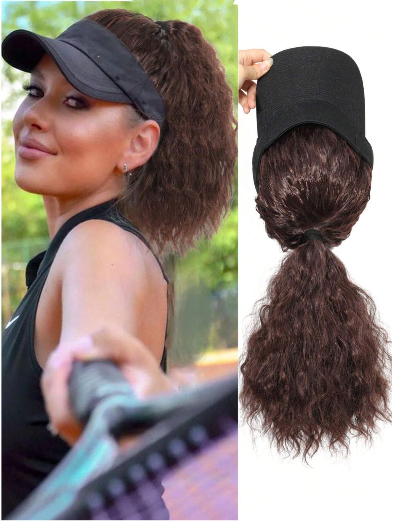 Wavy Dark Brown Ponytail Synthetic Hat Wig