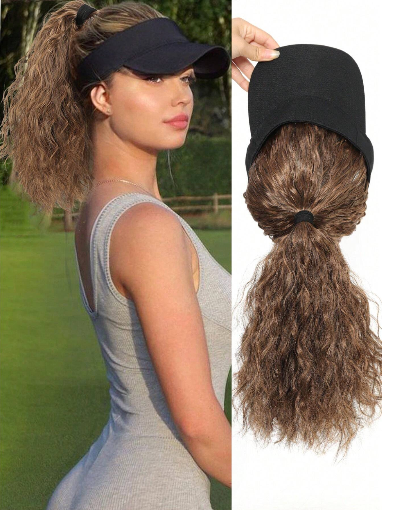 Curly Hat Light Brown Hair Ponytail Extension Wig