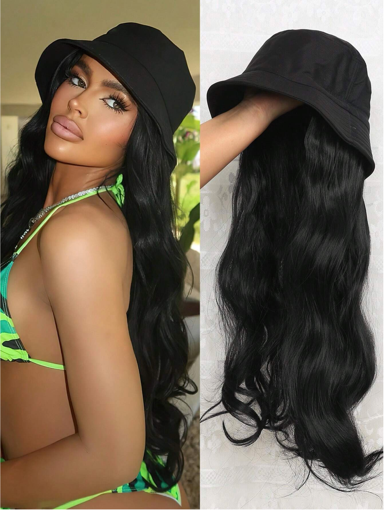Black Long Synthetic Curly Hair Wig With Hat