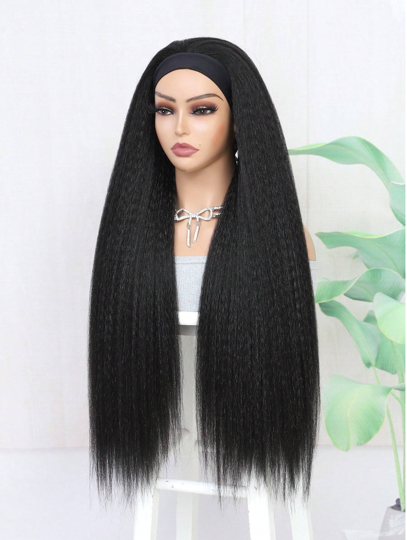 Black Kinky Straight 28" Headband Wig