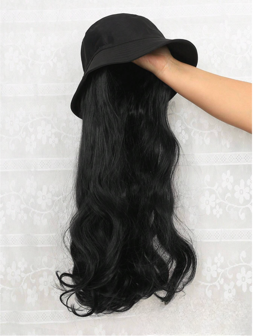 Black 26" Bucket Hat Synthetic Wig