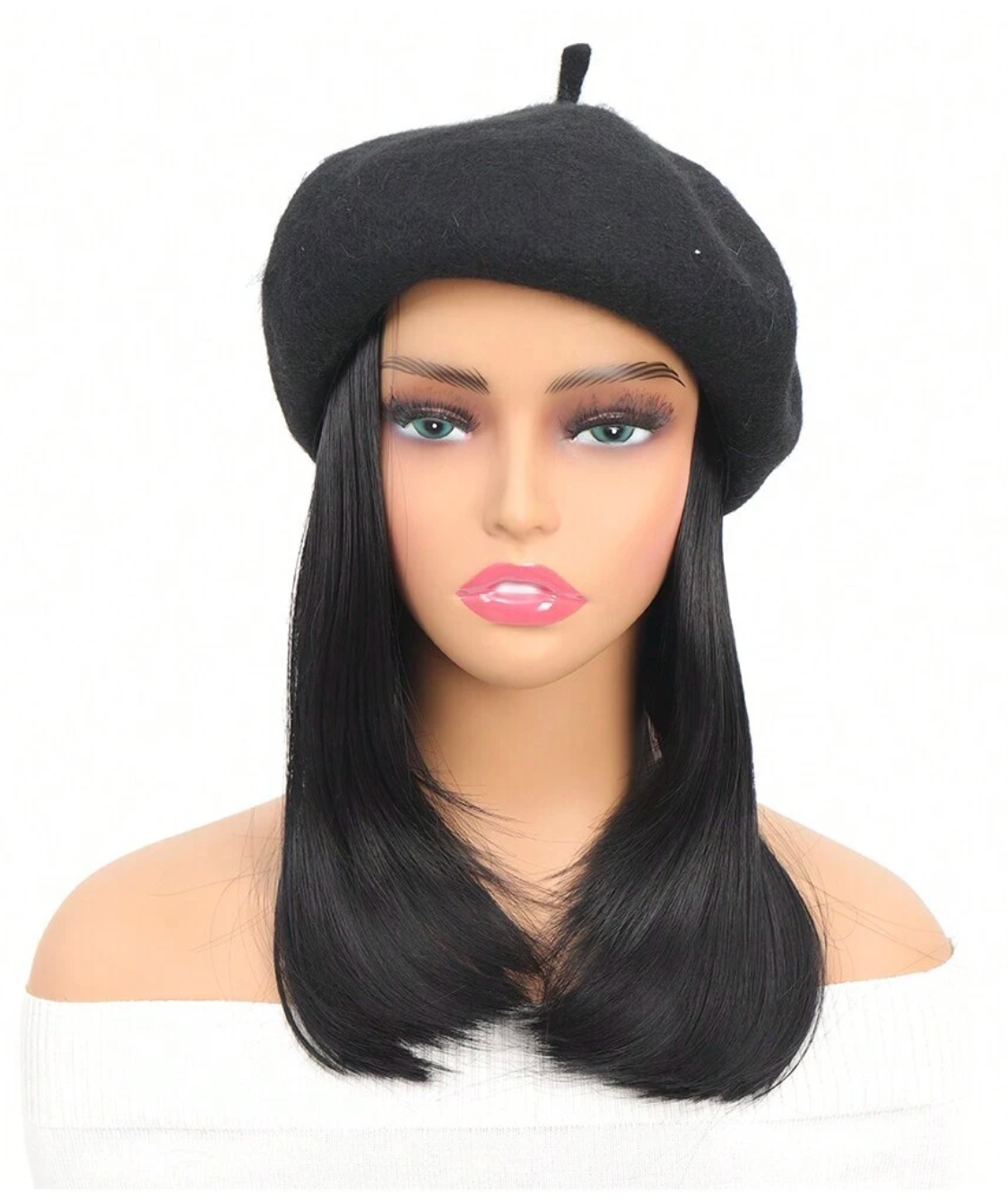 Black Beret 16" Synthetic Hair Hat Wig