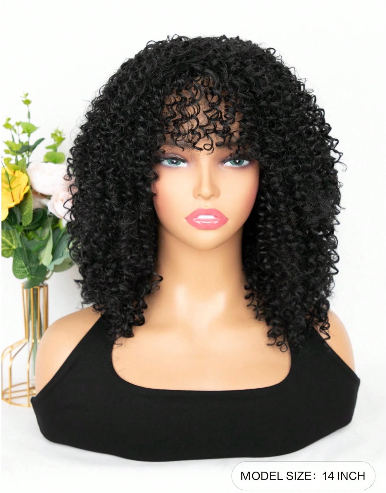 Black Curly Soft Synthetic Wig w/Bangs