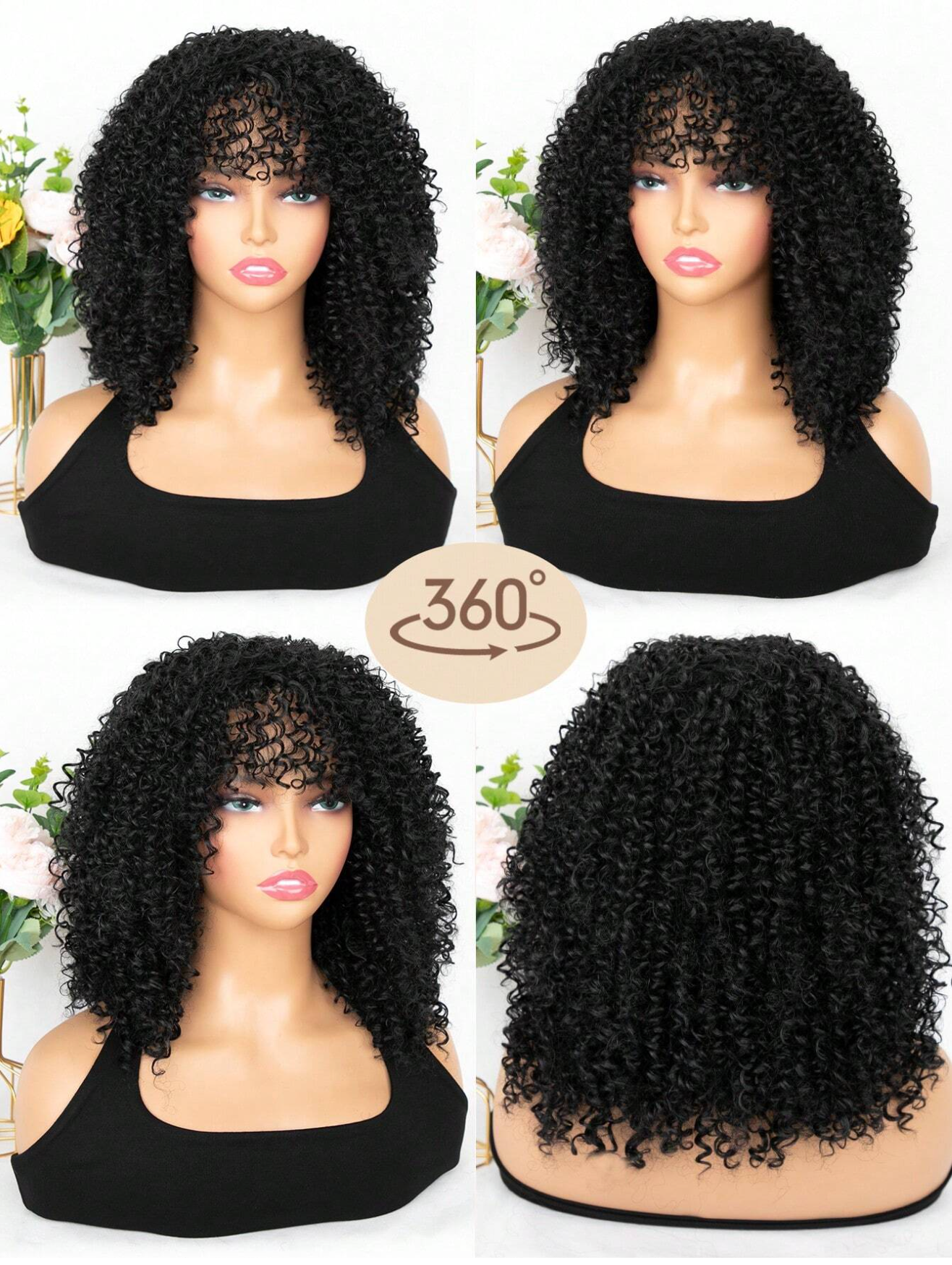Black Curly Soft Synthetic Wig w/Bangs