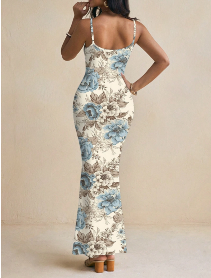 Alluring Beige/Blue Sleeveless Floral Maxi Dress