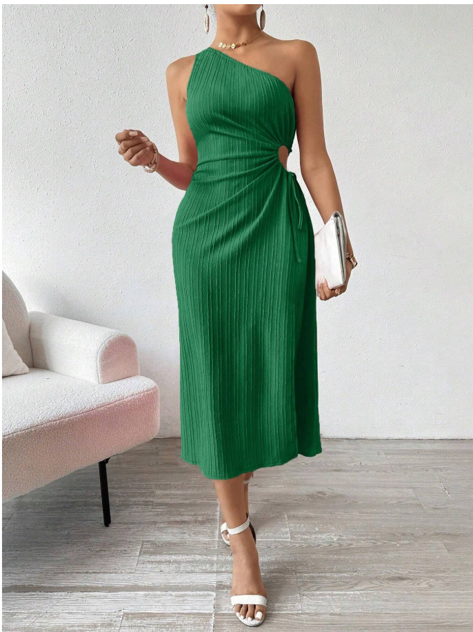 Gorgeous Green One Shoulder Cut Out Midi Dress