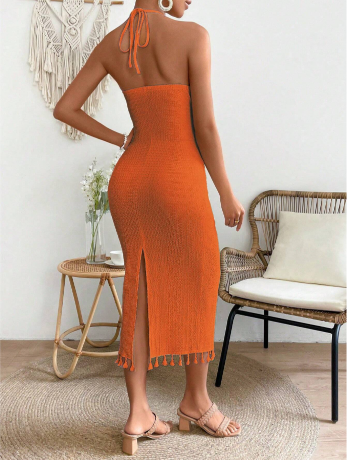 Crochet Orange Halter Maxi Dress