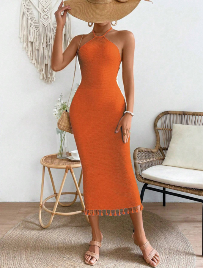 Crochet Orange Halter Maxi Dress
