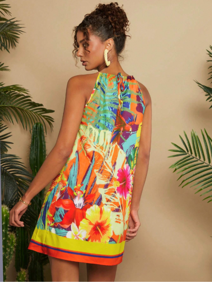 Boho Tropical Yellow Halter Dress