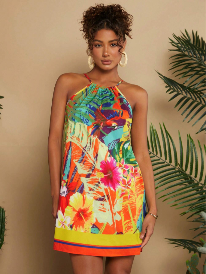Boho Tropical Yellow Halter Dress