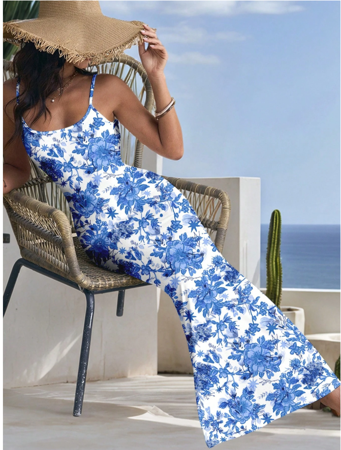 Beautiful Blue Sleeveless Floral Maxi Dress