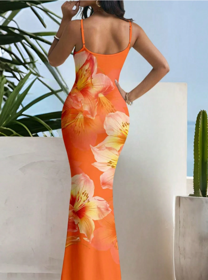 Beautiful Orange Sherbet Sleeveless Floral Maxi Dress