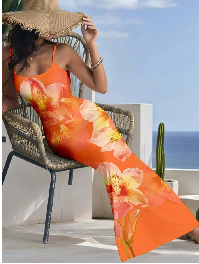 Beautiful Orange Sherbet Sleeveless Floral Maxi Dress