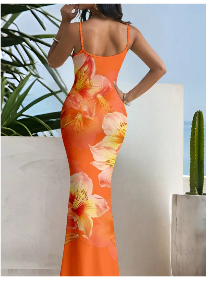 Beautiful Orange Sherbet Sleeveless Floral Maxi Dress