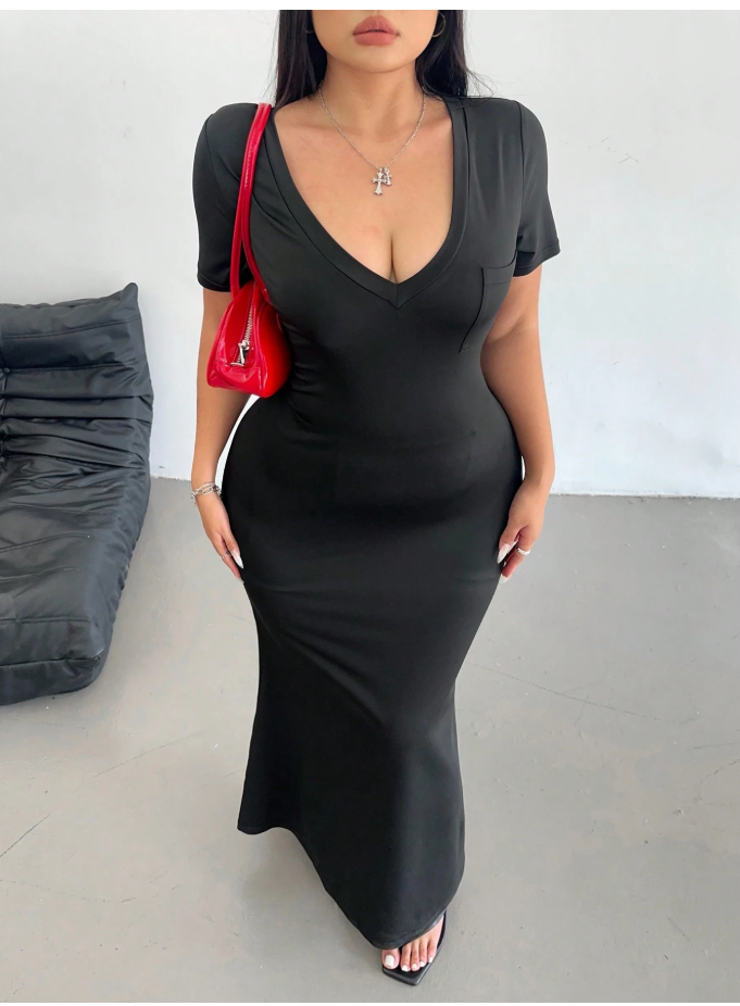 Black V Cut T-Shirt Maxi Dress