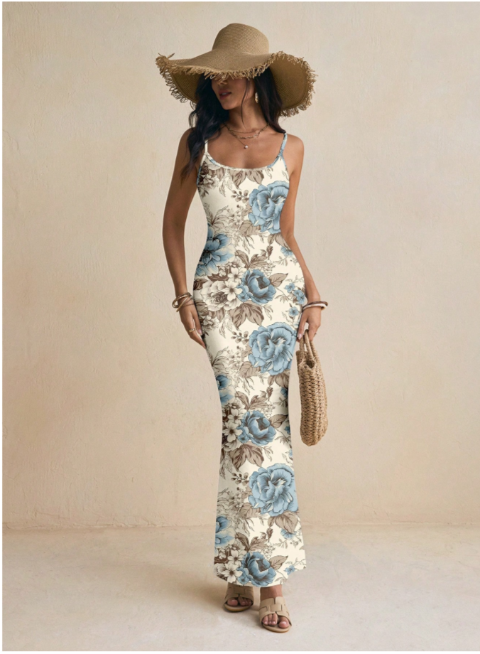Alluring Beige/Blue Sleeveless Floral Maxi Dress