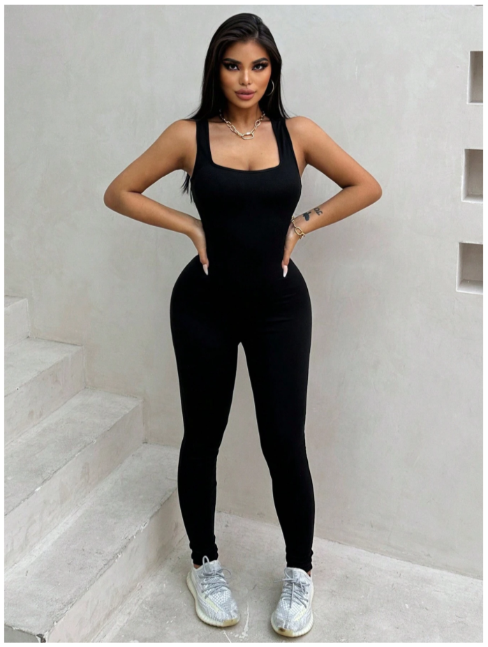 Backless Lace Up Black Sleeveless Jumpsuit