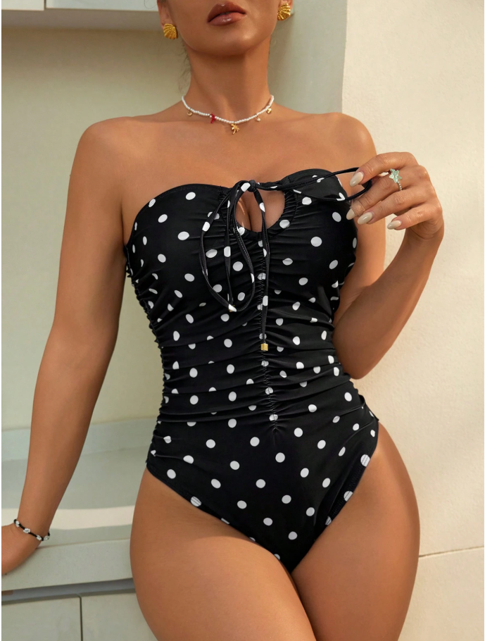 Black Strapless Polkadot One Piece Swimsuit
