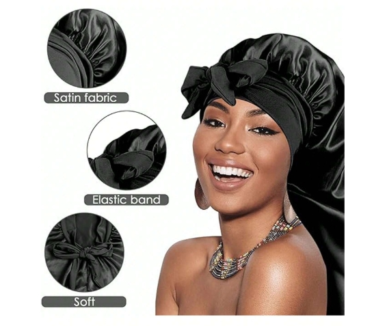 All - Black Tie Satin Hair Bonnet