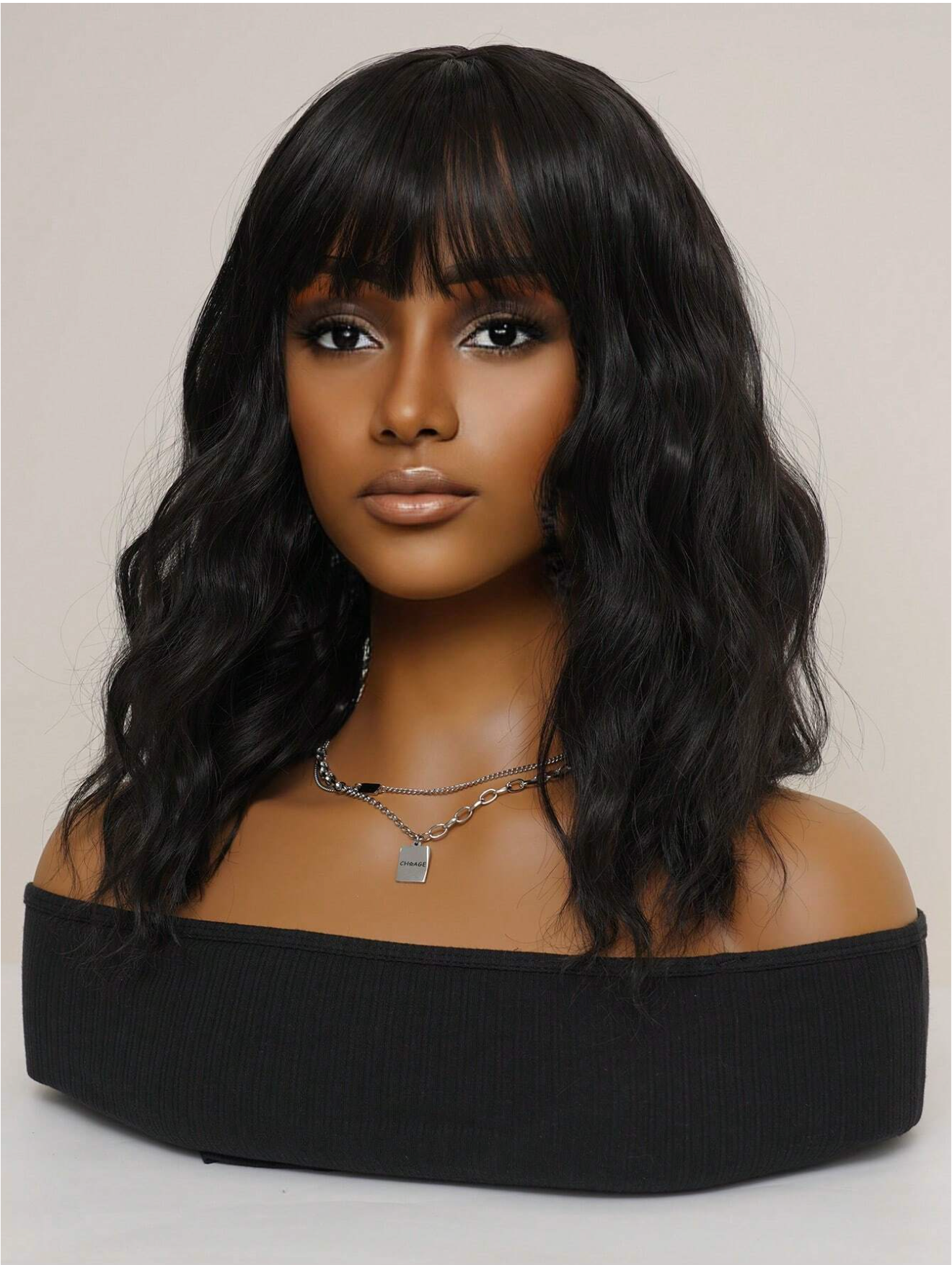 16-Inch Black Wavy Curly Wig w/Bangs
