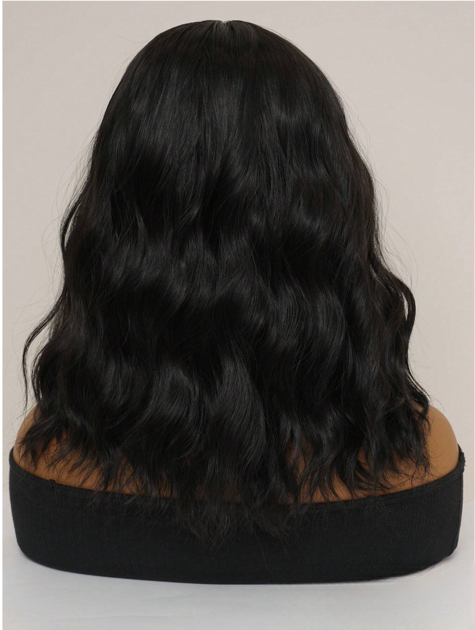 16-Inch Black Wavy Curly Wig w/Bangs