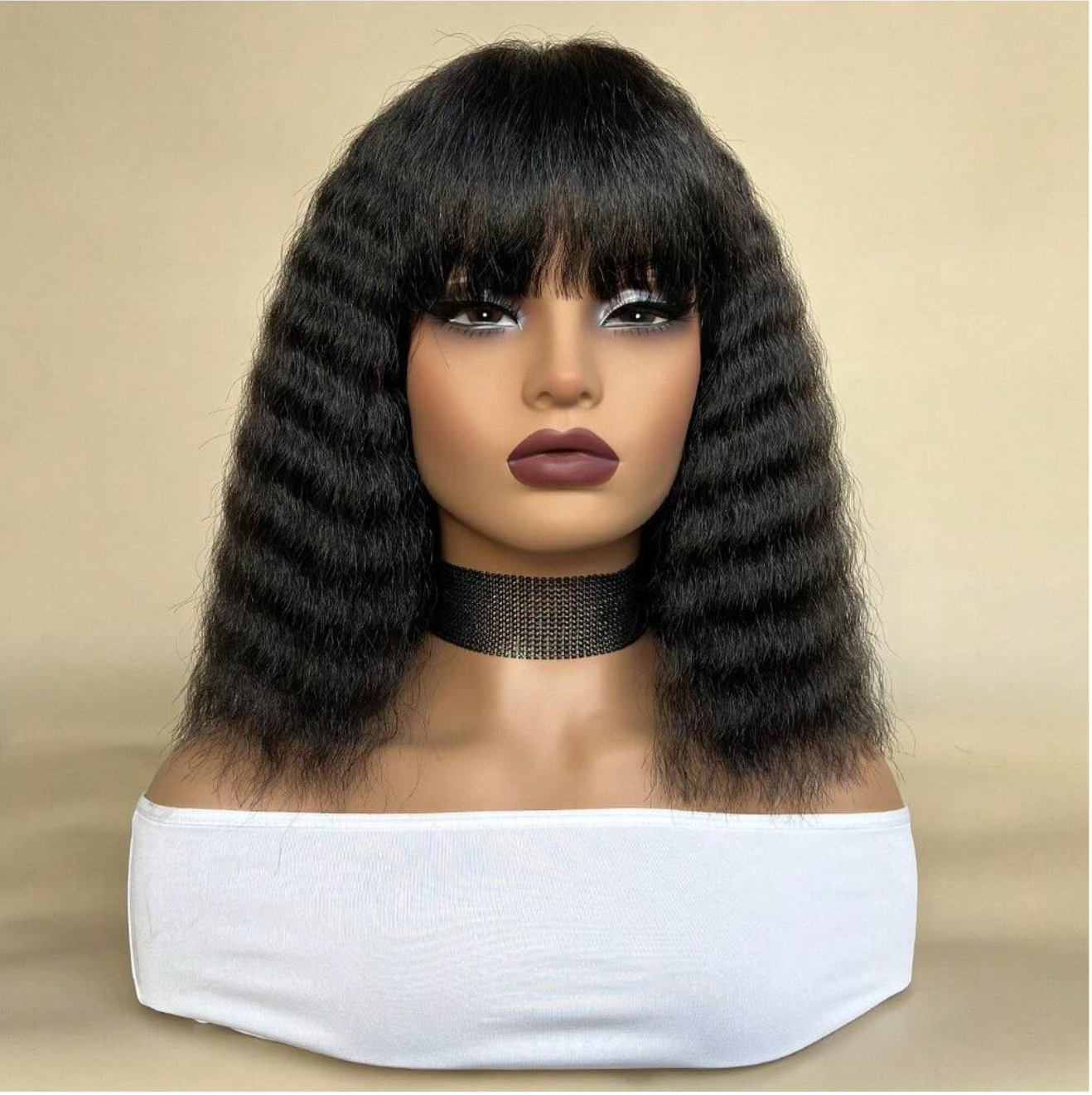 Natural Black Wavy Synthetic Wig w/Bangs
