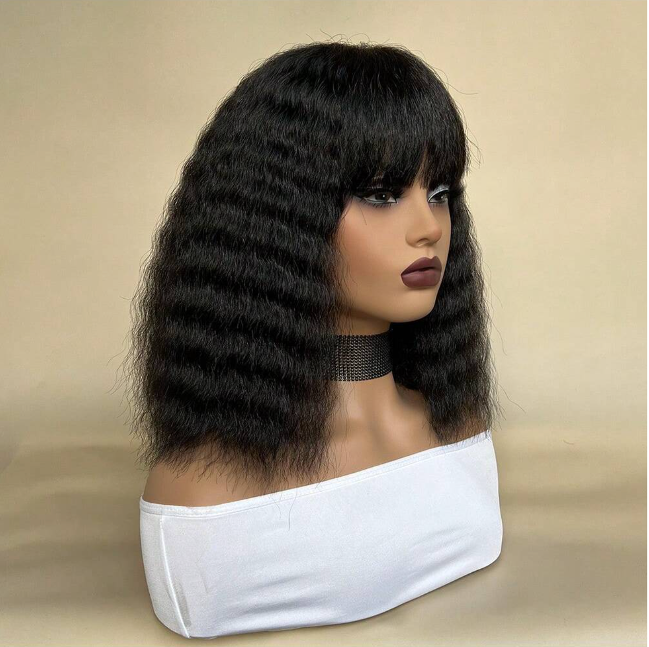 Natural Black Wavy Synthetic Wig w/Bangs