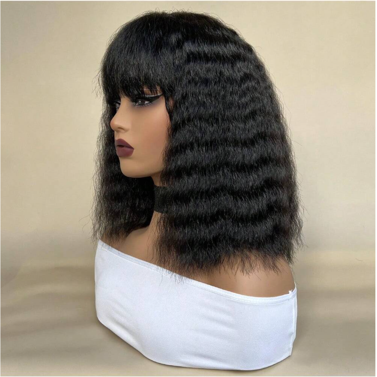 Natural Black Wavy Synthetic Wig w/Bangs