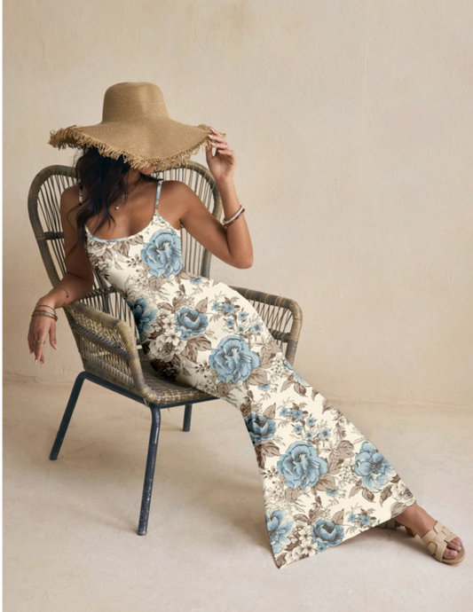 Alluring Beige/Blue Sleeveless Floral Maxi Dress