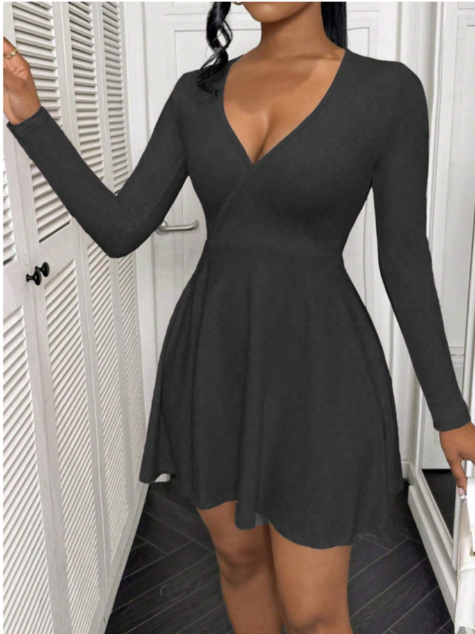 Black Long Sleeve Skater Chic V Front Dress