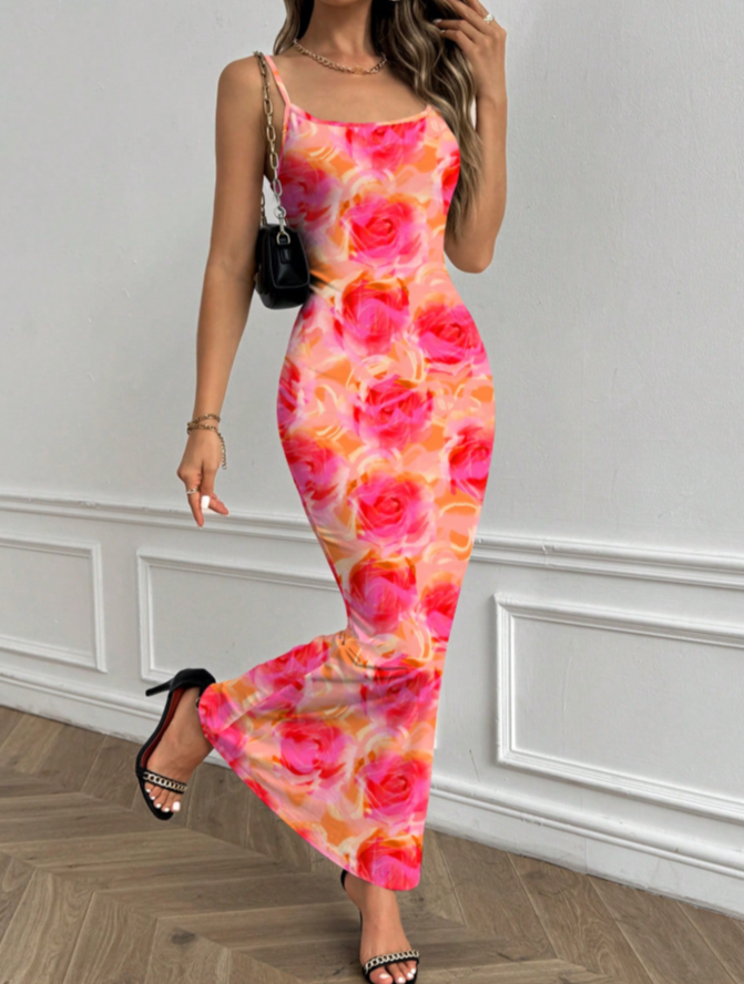 Floral Orange/Pink Sleeveless Flare Maxi Dress