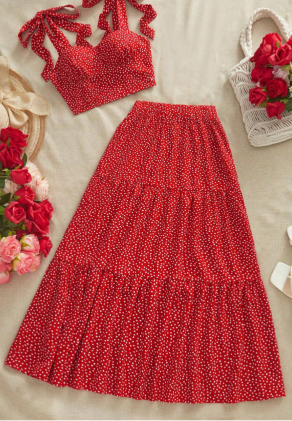 Sweetheart Red Floral Top & Skirt Set