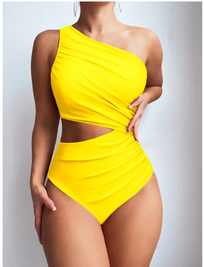 One Shoulder Yellow Cut Out One Piece Swimsuit