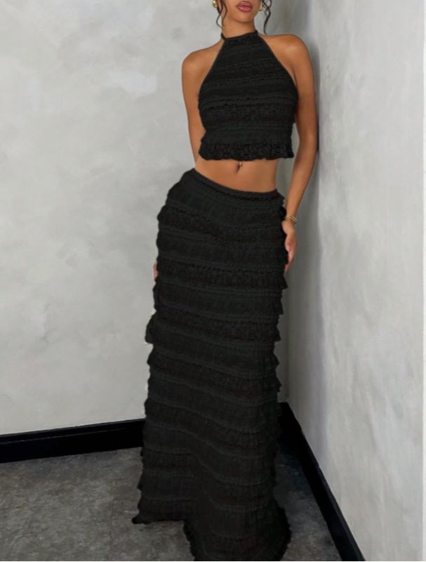 Black Ruffle Halter Crop Top & Skirt Set