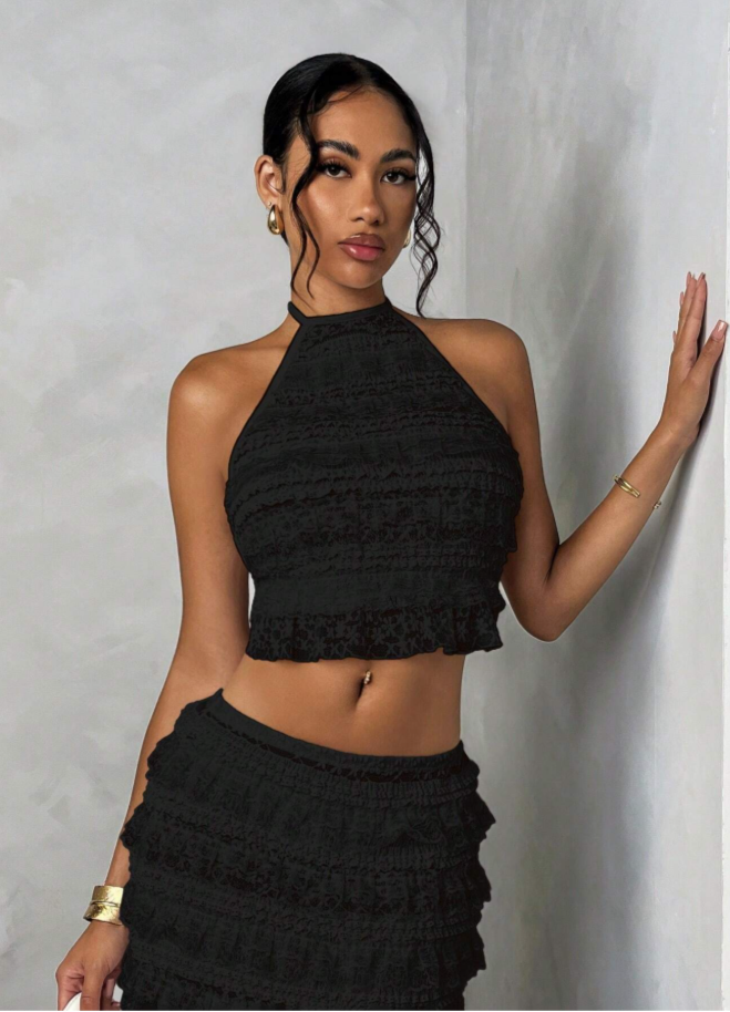 Black Ruffle Halter Crop Top & Skirt Set