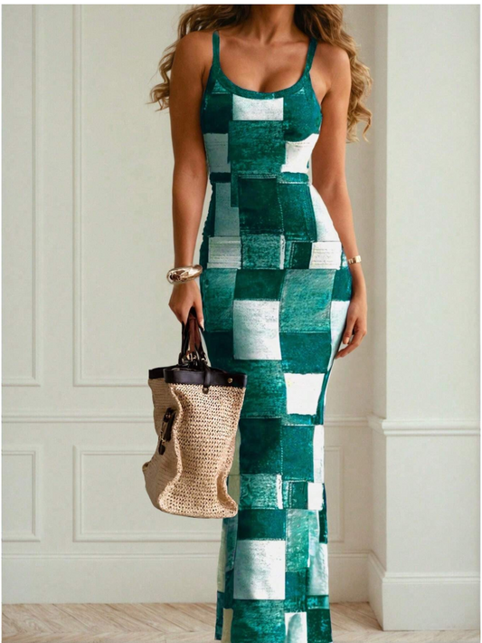 Checkered Green Sleeveless Maxi Dress