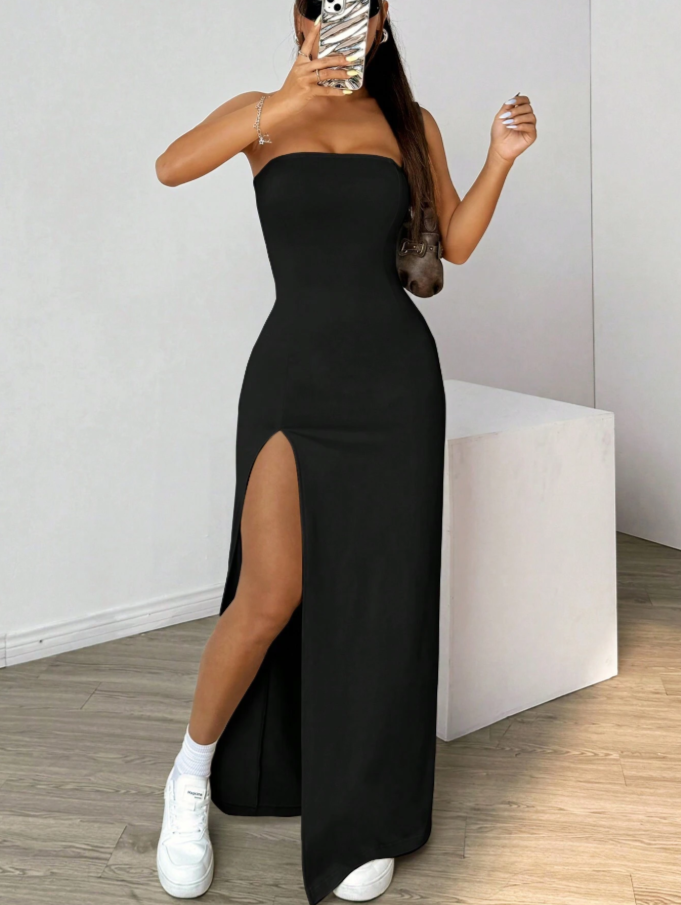 Black Strapless High Slit Maxi Dress