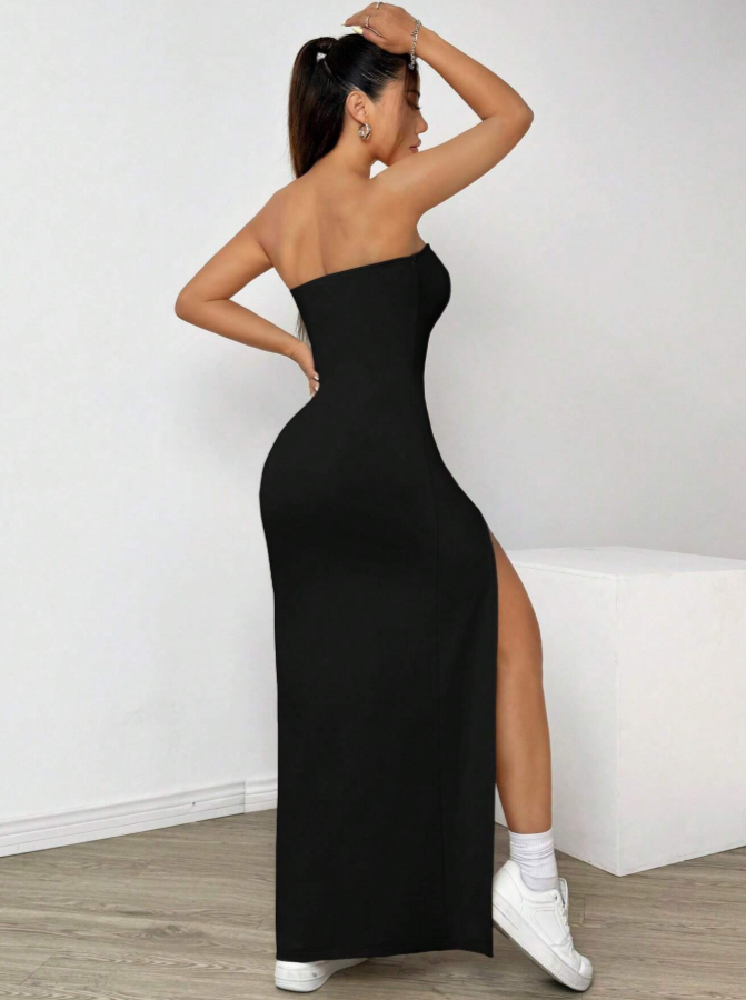 Black Strapless High Slit Maxi Dress