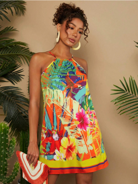 Boho Tropical Yellow Halter Dress
