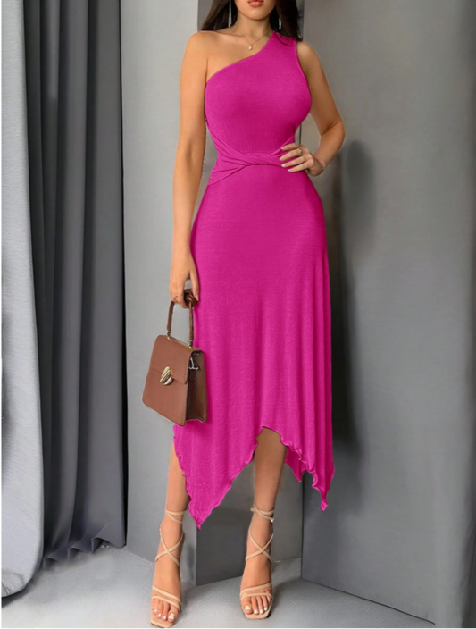 Hot Pink One Shoulder Asymmetrical Dress