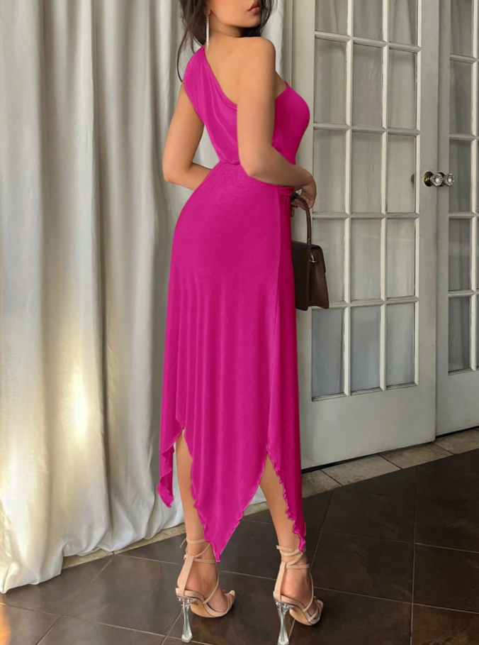 Hot Pink One Shoulder Asymmetrical Dress