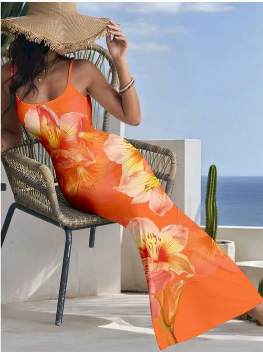 Beautiful Orange Sherbet Sleeveless Floral Maxi Dress