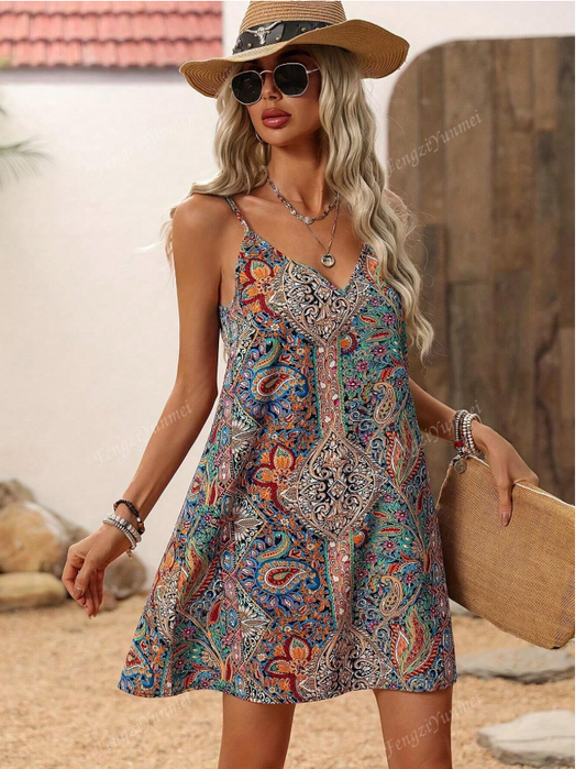 Bohemian Printed Sleeveless Mini Dress