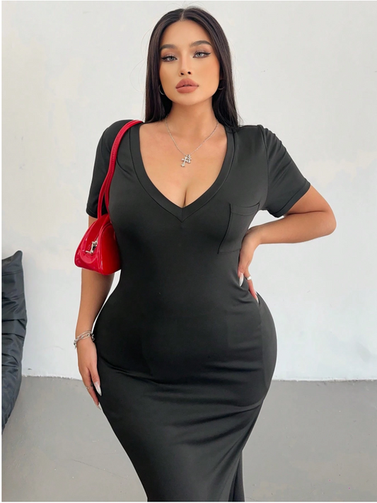 Black V Cut T-Shirt Maxi Dress