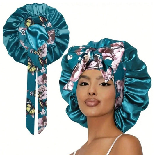 Floral Blue Satin Hair Bonnet